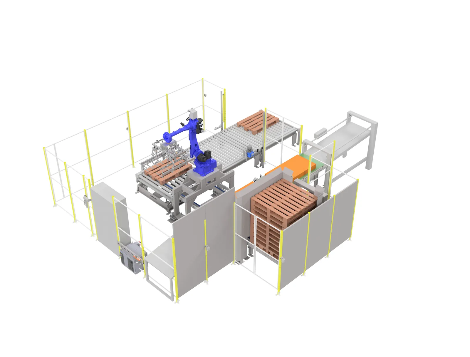 3D design of a palletising cell with a robot, roller conveyors and pallet magazine