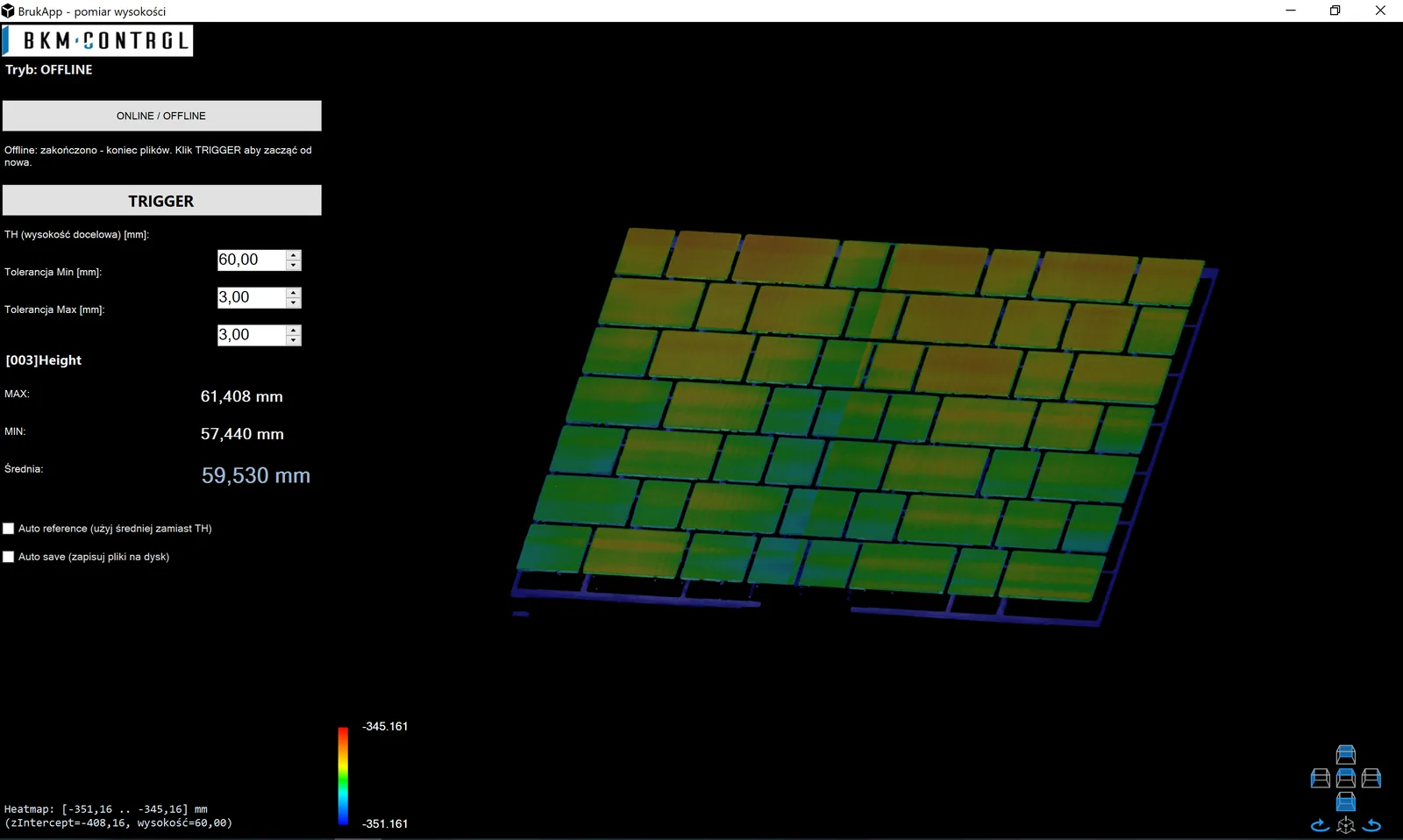 BKM Control height measurement application: colour height map of products on a pallet from a 3D scanner, tolerances and results